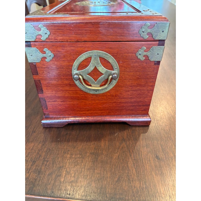 Large Vintage Oriental Rose Wood Jewelry Box with brass fittings. 2 drawer with flip top. One drawer has slots for rings....