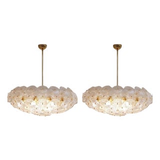 1970s Oversized Loto Murano Glass & Brass Chandeliers - Pair For Sale