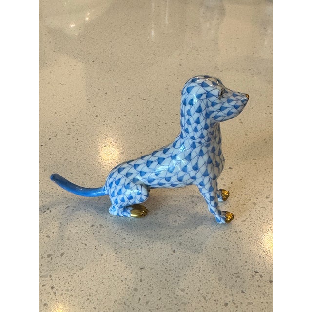Classic Sapphire Blue Fishnet Pattern Herend Hand Painted Sitting Happy Dog W/ 22k Gold Accents Height: 3" Length: 4"...