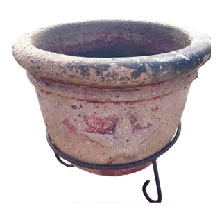 Vintage Aged Painted Terra Cotta Planter With Stand For Sale