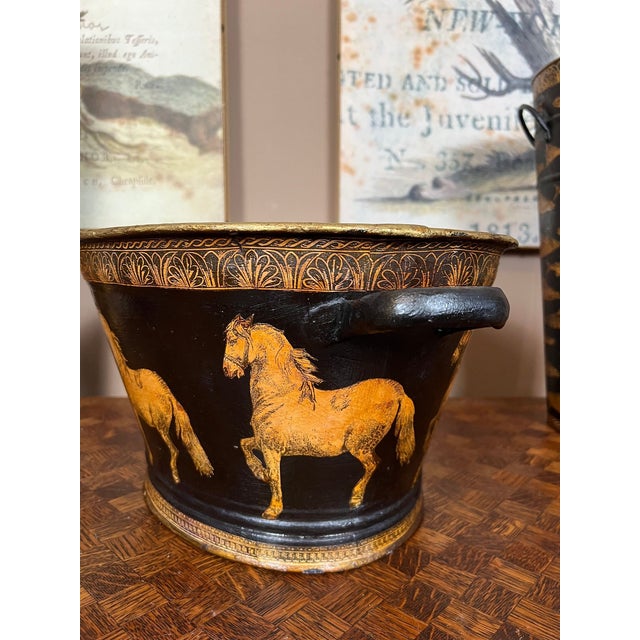 Antique English Planter Jardiniere Horse Equine Black Decoupage Tole Metal C1900 For Sale - Image 13 of 18