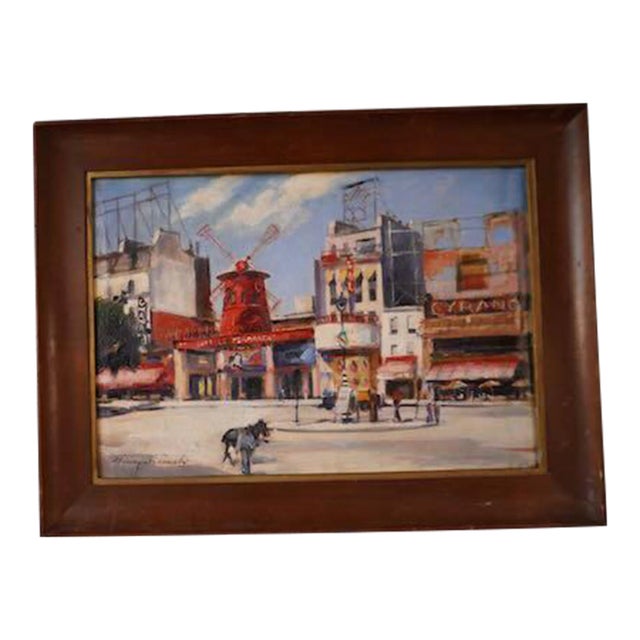 Moulin Rouge City Scene Oil Painting on Canvas 1940s-50s For Sale