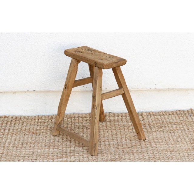 Antique Slim Top Rustic Wood Stool For Sale - Image 4 of 7