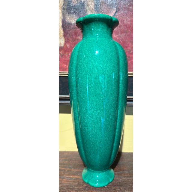 Here we have a Crackle Surface in a bold green glaze By Cowan Pottery co. , a slight iridecence to the green surface ,...