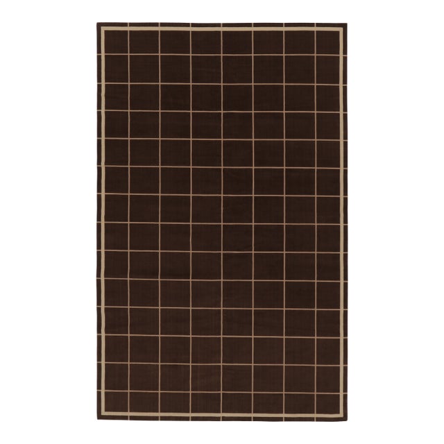 Rug & Kilim’s Modern Rug, Chocolate Brown & Beige Geometric Grid For Sale