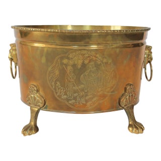 Vintage Oval Brass Cachepot W/ Lion Head Handles, Paw Feet and Etched Asian Motif For Sale