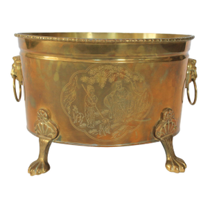 Vintage Oval Brass Cachepot W/ Lion Head Handles, Paw Feet and Etched Asian Motif