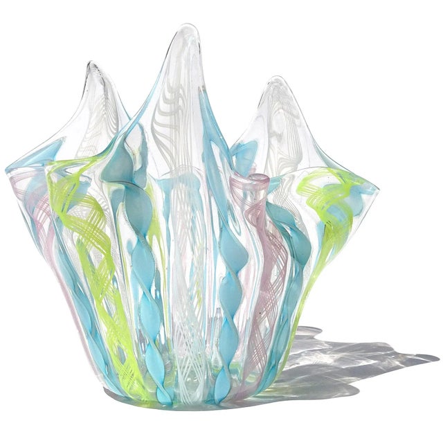 Beautiful vintage Murano hand blown light pastel colors and white ribbons Italian art glass handkerchief / fazzoletto...