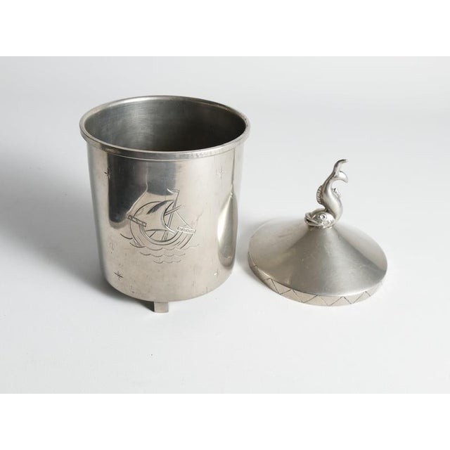 Swedish Pewter Lidded Jar with Sculptural Fish Finial and Ship Engraving, 1928 For Sale - Image 18 of 18