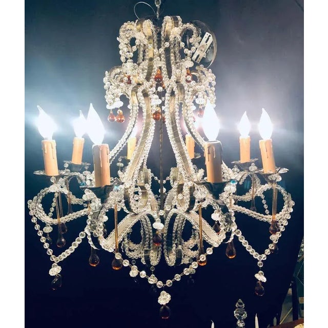 Mid-Century Modern Eight Light Beaded Chandelier With Colored Tear Drop Prisms, Circa 1960 For Sale - Image 3 of 13