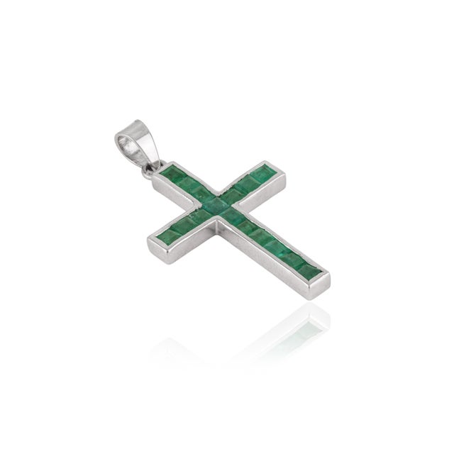 Contemporary Contemporary 2.17 Ct Natural Emerald Channel Set Cross Pendant in Sterling Silver For Sale - Image 3 of 12