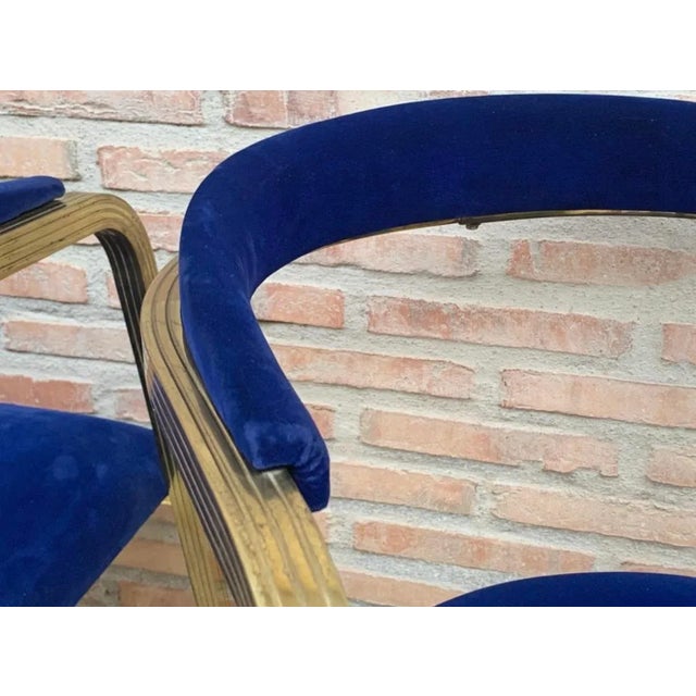 Set of Mid-Century French Gold Brass Armchairs with Blue Velvet Upholstery, 1940s For Sale - Image 6 of 12