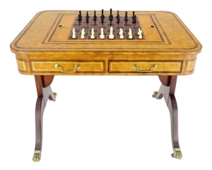 Flip Top Chess Board Backgammon Tooled Leather Top Two Drawers Game Table