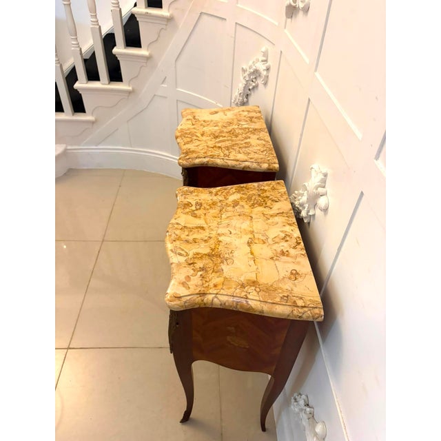 1920s Antique French Kingwood Marquetry Marble Top Nightstands, 1920, Set of 2 For Sale - Image 5 of 18