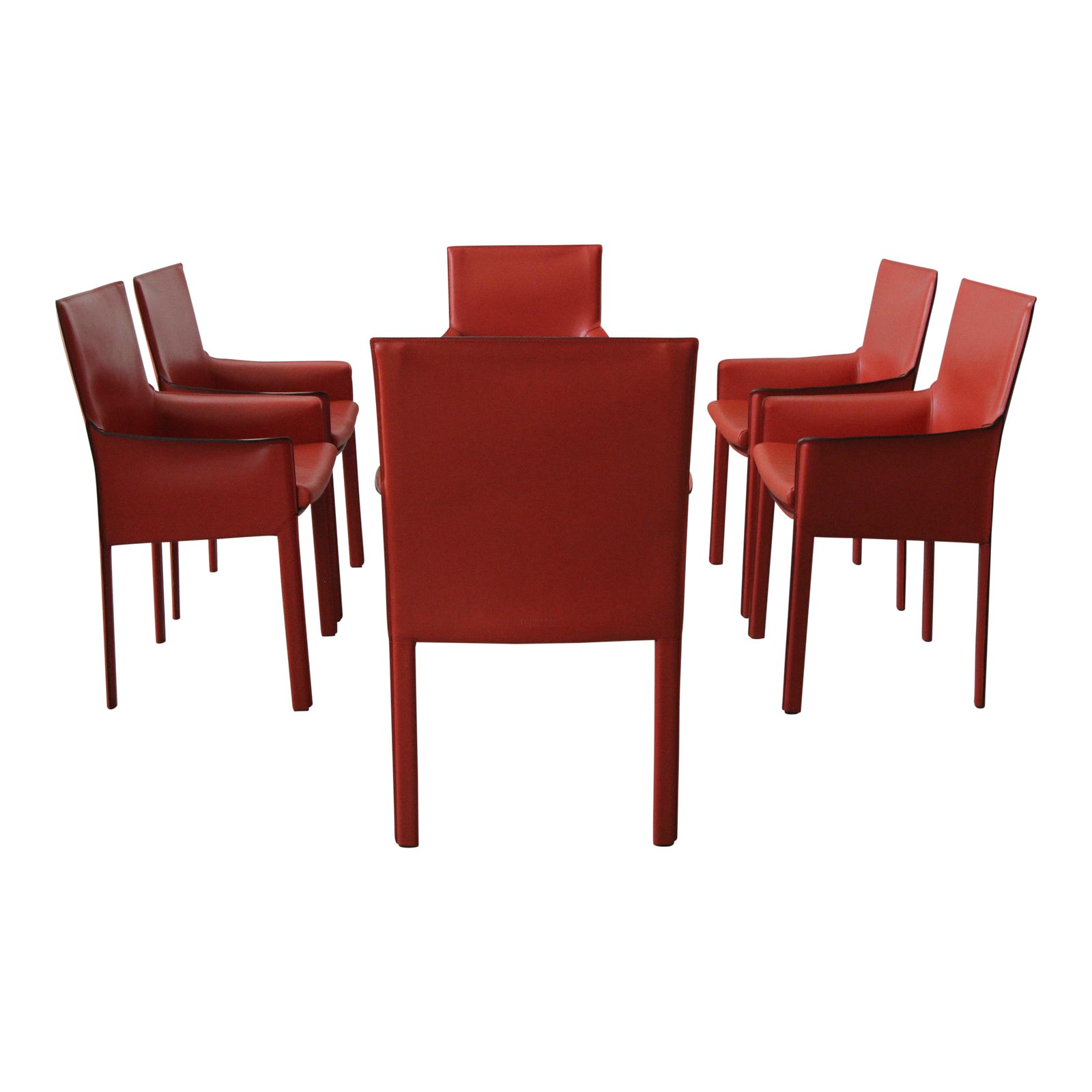 Set of 6 Orange Italian Leather Dining Chairs by Enrico Pellizzoni