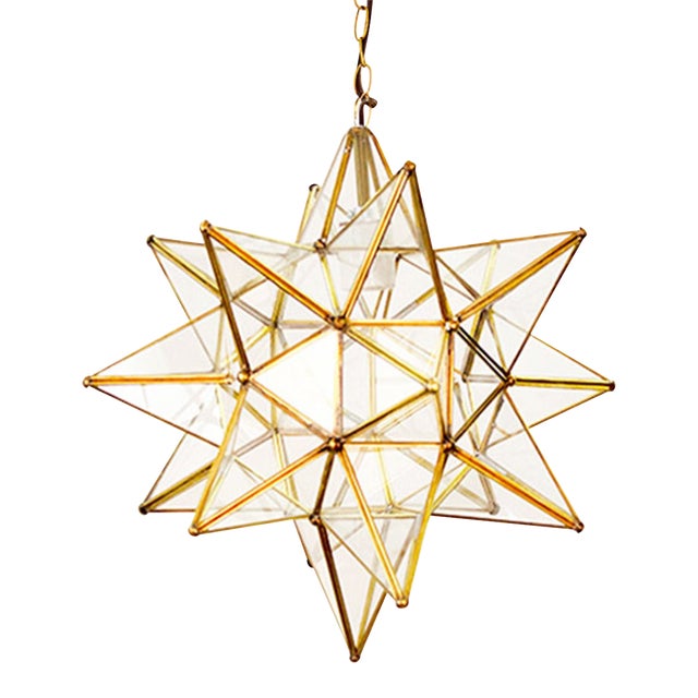 Matthew Izzo Home 20" Clear Glass Moravian Star Pendant Light With Brass Trim For Sale