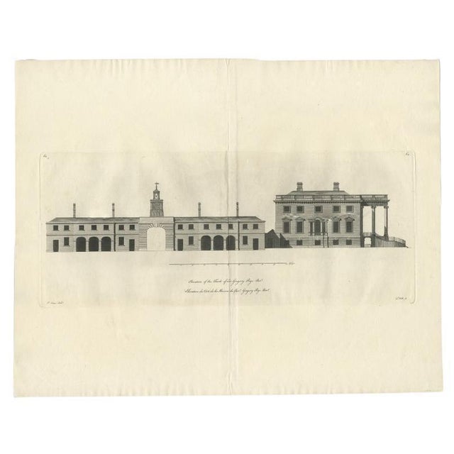 Antique print titled 'Elevation of the Flank of Sir Gregory Page'. Architectural elevation of the residence of Sir Gregory...