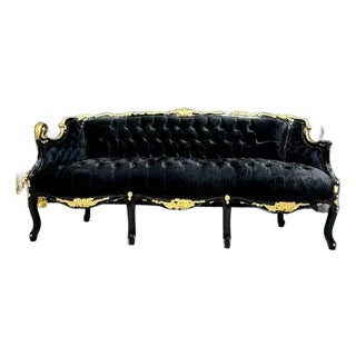 Gothic Black Velvet Sofa With Hand-Applied Gold Leaf Frame For Sale