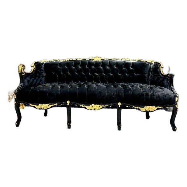 Gothic Black Velvet Sofa With Hand-Applied Gold Leaf Frame For Sale