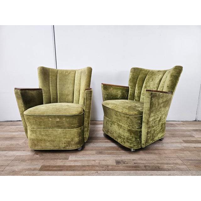 Green Fabric Cocktail Chairs on Casters, 1950s, Set of 2 For Sale - Image 4 of 18