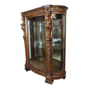 Antique Victorian R. J. Horner Carved Oak Bow Front China Cabinet
