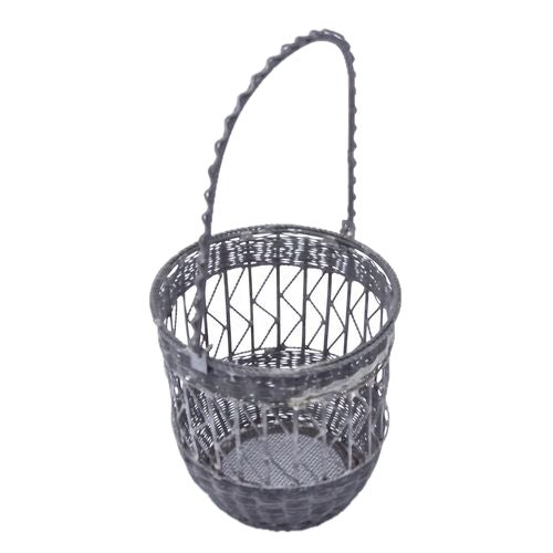 Antique wire basket cachepot with hoop style handle. No maker's mark. Basket, 4"L × 3.75"W × 4"'H, (7.5"H to top of handle).