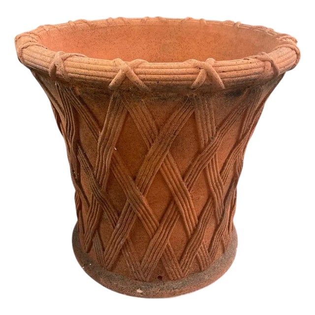 Vintage Faux-Bois Basketweave Terracotta Planter For Sale