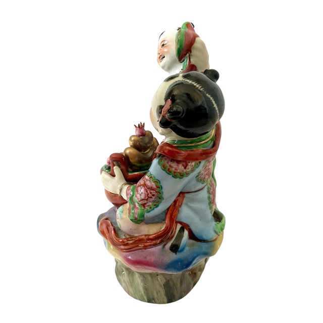 Mid 20th Century Vintage Chinese Lucky Boy and Girl Porcelain Hand Painted Statue Figurine For Sale - Image 5 of 8