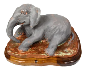 Late 1980s Handmade Painted Carved Sitting Elephant Sculpture on Wooden Base Signed Sheila A