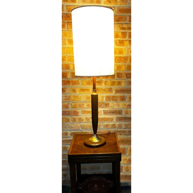 Vintage 1960’s Mid-Century Modern Danish Teak Drum Shade Table Lamp With Brass Accents For Sale - Image 4 of 8