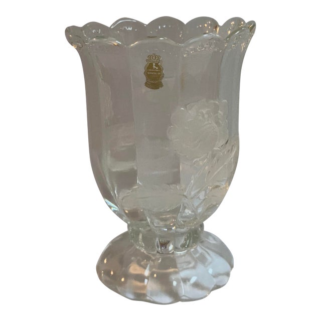 1970s Imperlux Bohemia Czechoslovakia Handcut Crystal Vase With Frosted Rose Etched For Sale