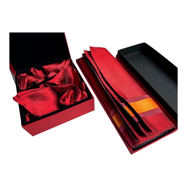Late 20th C. Boxed Set of 4 Walai Crimson & Orange Stripe Silk Placemats & Napkins For Sale