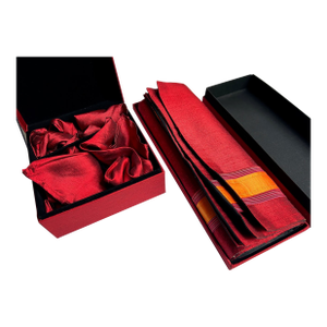 Late 20th C. Boxed Set of 4 Walai Crimson & Orange Stripe Silk Placemats & Napkins