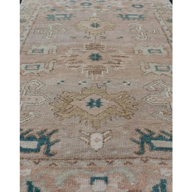 Turkish Oushak Vintage in Variation of Muted Colors, Tan, Pink, Teal & Lt. Brown 2'5"x4'2" For Sale In Atlanta - Image 6 of 9