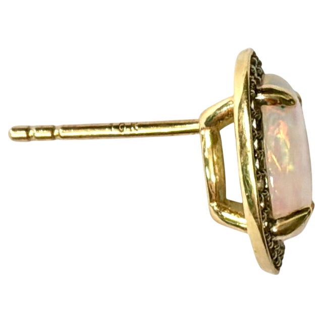 10 Karat Yellow Gold With Oval Opal and Diamond Stud Earrings a Pair For Sale In Tampa - Image 6 of 9