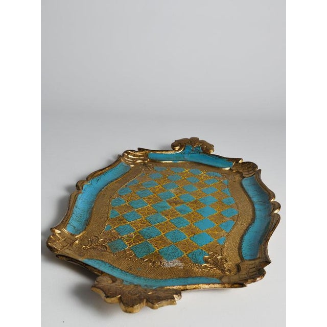 1950s Florentine Neo-Rococo Gilt and Turquoise Tray with Harlequin Pattern, Italy, 1950s For Sale - Image 5 of 18