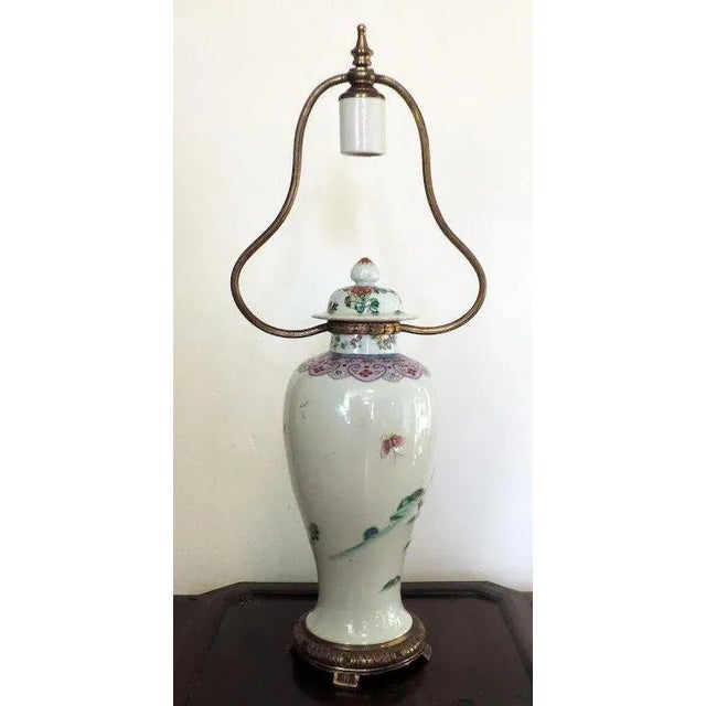 19th Century Chinese Export Porcelain Vase & Cover Decorated with Cockerel in Famille Rose Glaze Mounted as a Lamp For Sale - Image 11 of 11