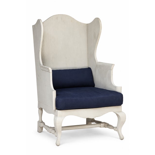 Wood Vintage Rh Pale Grey Wood Wingbak Chair W/Navy Blue Seat For Sale - Image 7 of 11