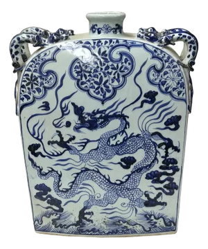 Chinese Blue White Porcelain Dragon Scroll Pattern Square Flat Vase