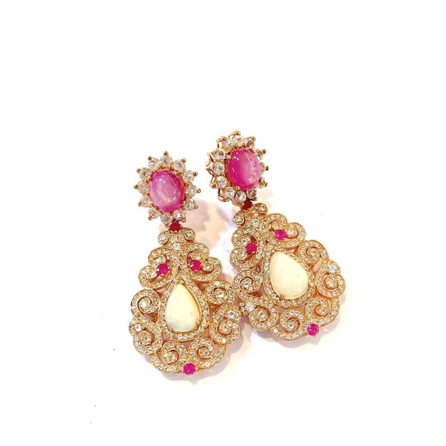 Metal Bochic “Flamenco” Ruby & Multi gem Chandelier Earrings Set 18K Gold&Silver For Sale - Image 7 of 12
