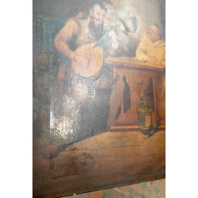 Brown 19th Century Dutch Interior Tavern Genre Scene Painting With Monk and Musician For Sale - Image 8 of 11