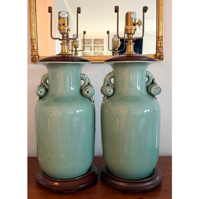 Chinese Ralph Lauren Lamps Chinese Crackled Pottery Celadon With Pomegranate Handles -a Pair For Sale - Image 3 of 15