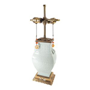 Early 20th Century Chinese Molded Celadon Green Table Lamp