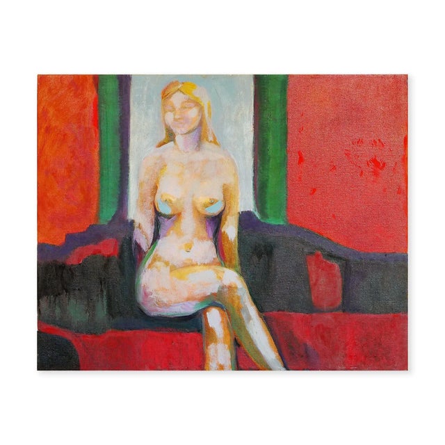 Modern abstract figurative painting by Houston, TX artist Margaret Nobler. The work features a central seated female nude...