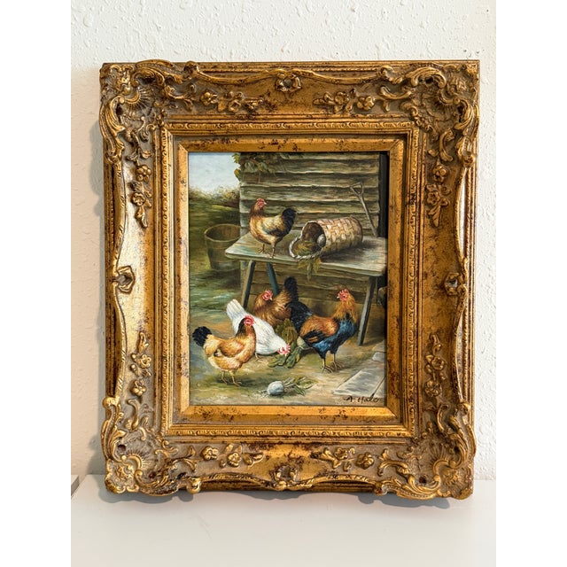 Vintage Signed Rooster and Chickens Oil Painting Farmyard Hen Scene, Gold Frame For Sale - Image 9 of 12