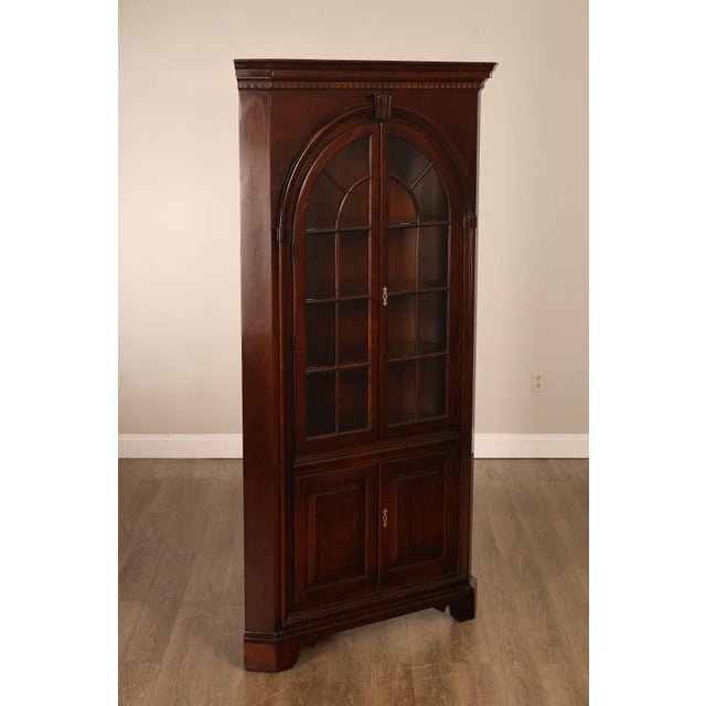 High Quality American Made Solid Cherry Wood Corner Display Cabinet with Illuminated Interior, Fixed Scalloped Shelves,...