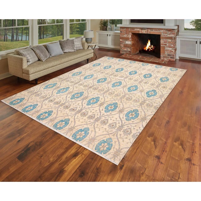 Ivory 1980s Contemporary Ziegler Ivory Blue Hand-Knotted Wool Rug - 11'8'' X 14'11'' For Sale - Image 8 of 8
