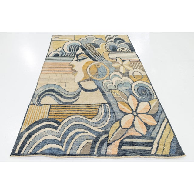 Blue Art Deco Inspired Modern Portrait Rug – 5x9 Hand-Knotted Wool in Blue and Gold For Sale - Image 8 of 9