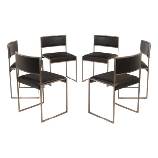Italian SQ Dining Chairs in Brushed Steel and Black Vegan-Leather, 1970s, Set of 6 For Sale