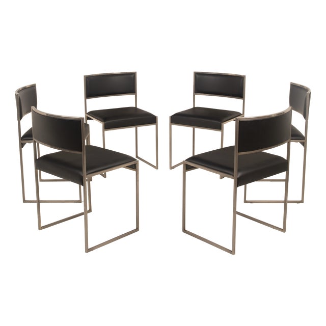 Italian SQ Dining Chairs in Brushed Steel and Black Vegan-Leather, 1970s, Set of 6 For Sale